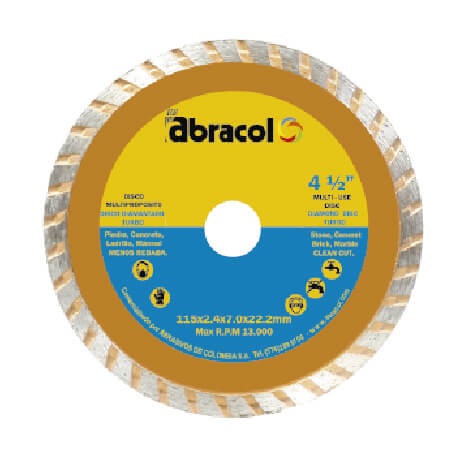 DISCO DE CORTE DIAMANTADO TURBO 4 1/2" X 2.4 MM X 7 MM REF.DDIAMT-4TM COD. 021640 MARCA ABRACOL