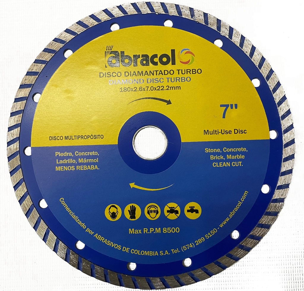 DISCO DE CORTE DIAMANTADO TURBO 7" X 2.6 MM X 7 MM REF.DDIAMT-7TM COD. 021664 MARCA ABRACOL