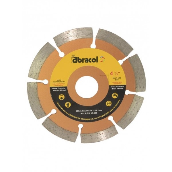 DISCO DE CORTE DIAMANTADO SEGMENTADO 4 1/2" X 10 MM REF.DIAMT-4SM COD. 021633 MARCA ABRACOL