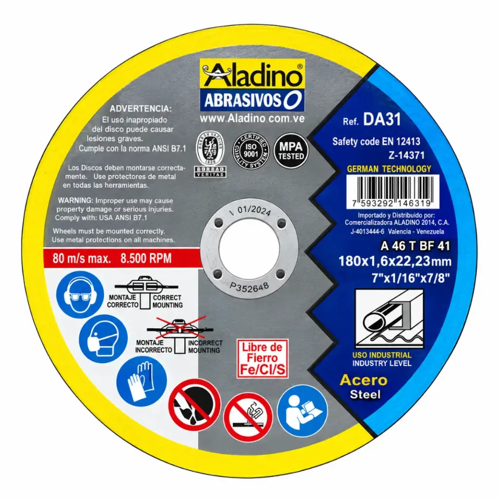 DISCO DE CORTE 7" X 1/16" X 7/8" SPEED 8500 RPM REF. DA31 / 180162 MARCA ALADINO