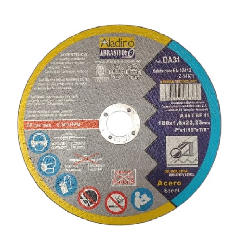 DISCO DE CORTE 7" X 1/16" X 7/8" SPEED 8500 RPM REF. DA31 / 180162 MARCA ALADINO