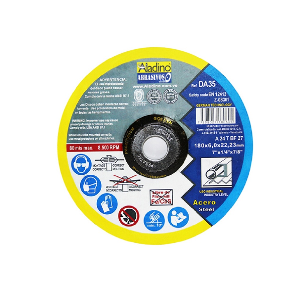 DISCO DE DESBASTE 7" X 1/4" X 7/8" SPEED 8.500 RPM REF. DA35 / 180605 MARCA ALADINO