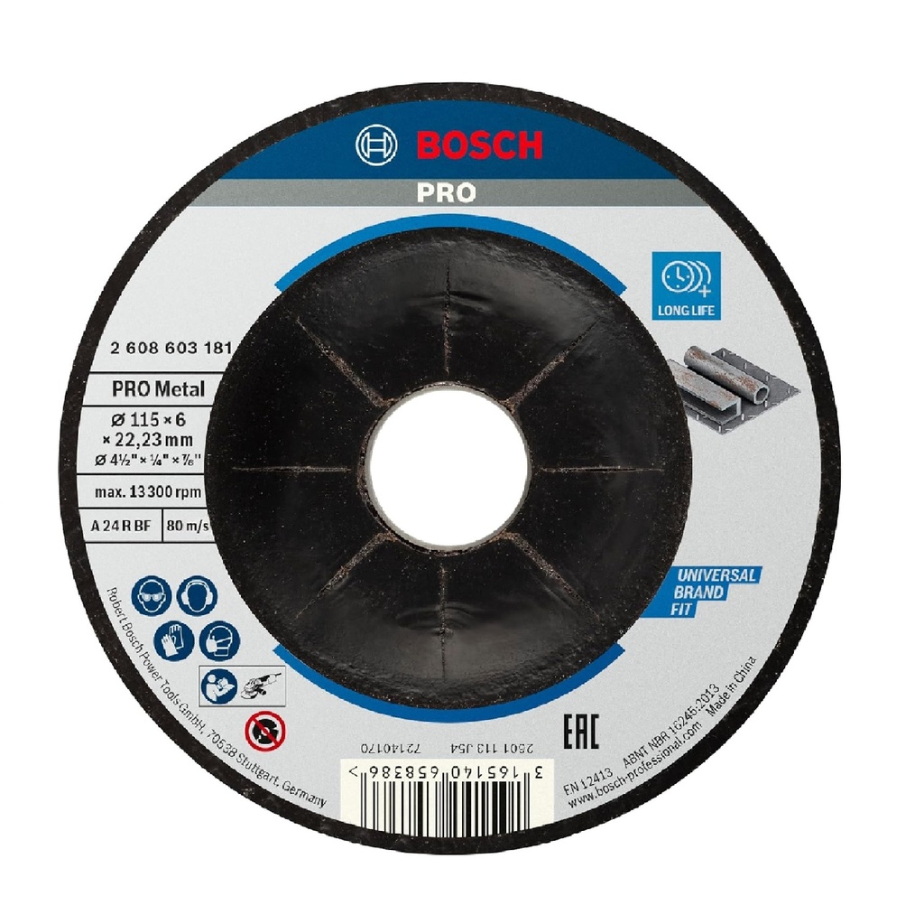 DISCO DESBASTE METAL 4 1/2" X 1/4" X 7/8" SERIE BOSCH PRO REF. 603181 / 658383 MARCA BOSCH