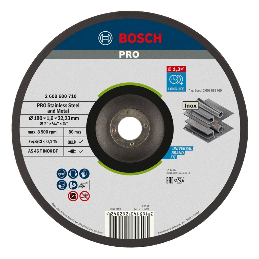 DISCO DE CORTE FINO CONCAVO PARA ACERO INOX DE 7" X 1/16" X 7/8" REF. 631394 / 619772 MARCA BOSCH