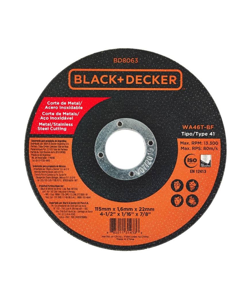 DISCO DE CORTE ULTRAFINO P/ METAL 4 1/2" X 1/16 X 7/8" REF. BD8063 MARCA BLACK&DECKER