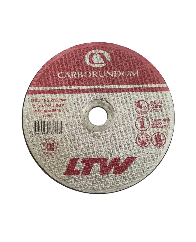 DISCO DE CORTE METAL LTW 7" X 1/16" X 7/8" ( 178 x 1.60 x 22,20 MM) REF. 012091 MARCA CARBORUNDUM