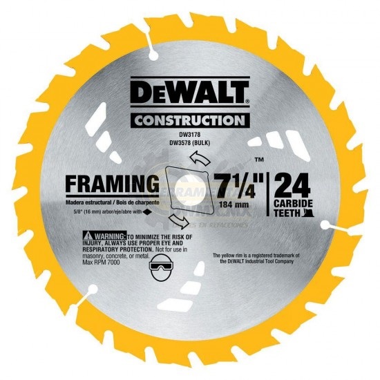DISCO DE SIERRA CIRCULAR 7 1/4" 24 DIENTES REF. DW3178 MARCA DEWALT