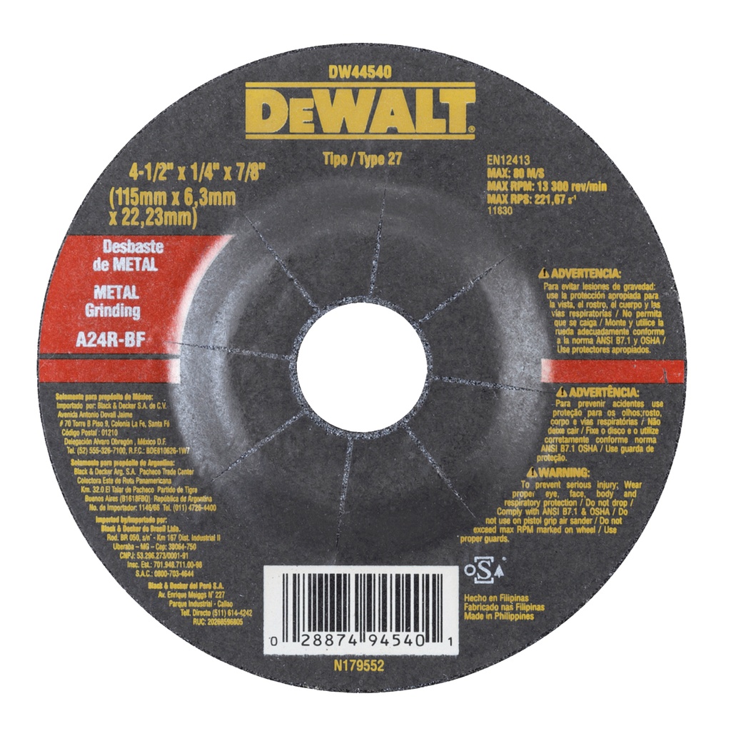 DISCO DESBASTE/METAL 4 1/2" X 1/4" X 7/8" C/REB REF. DW44540 / DIS-706 MARCA DEWALT