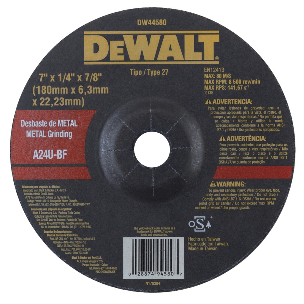 DISCO DESBASTE / METAL 7" X 1/4" X 7/8" C/REB REF. DW44580 / DIS-709 DEWALT