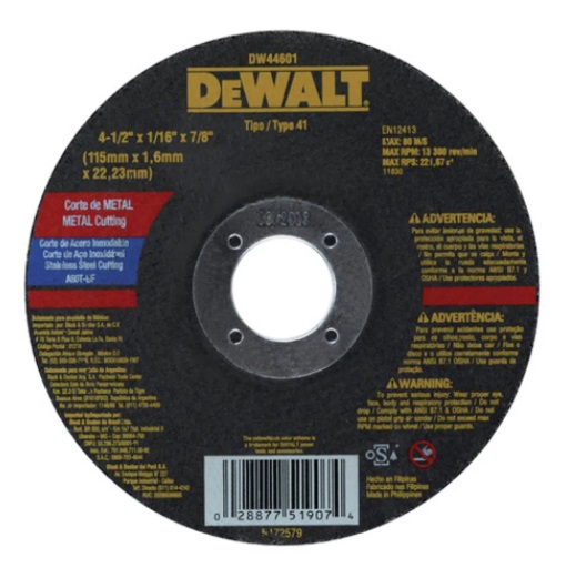 DISCO ABRAS. C/METAL 4 1/2" X 1/16" X 7/8" PLANO REF. DW-44601 / DIS-705 / 519074 MARCA DEWALT