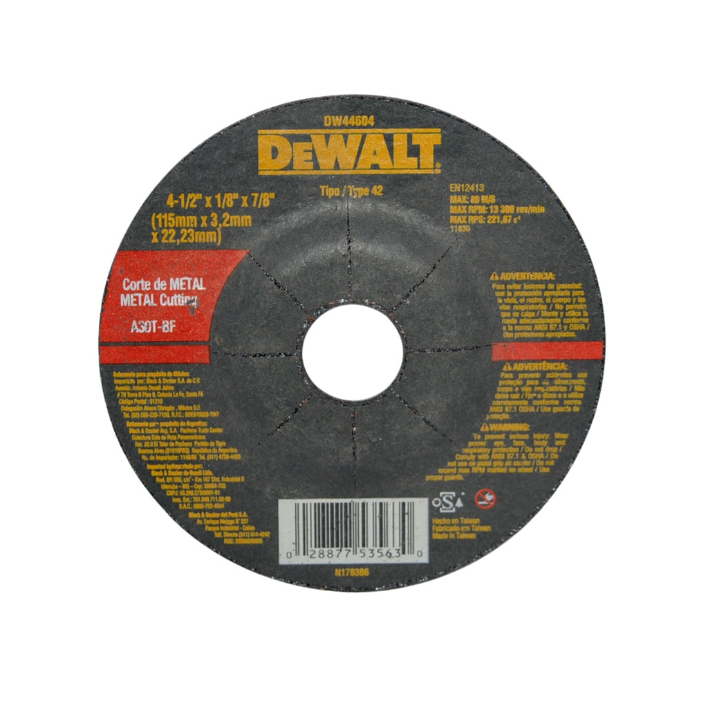 DISCO ABRAS. C/METAL 4 1/2" X 1/8" X 7/8" C/REB REF. DW-44604 / DIS-703 MARCA DEWALT