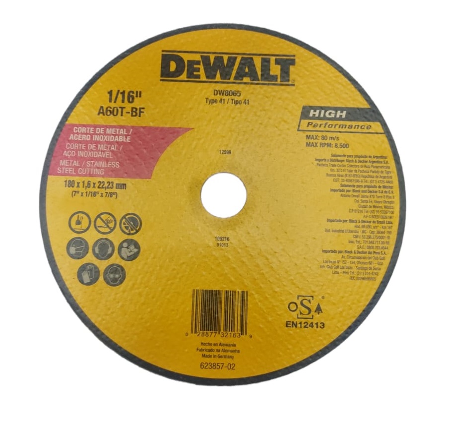 DISCO ABRAS. CORTE METAL 7" X 1/16" X 7/8" (180 X 1.60 X 22,23 MM) PLANO REF DW8065 / DIS-708 DEWALT