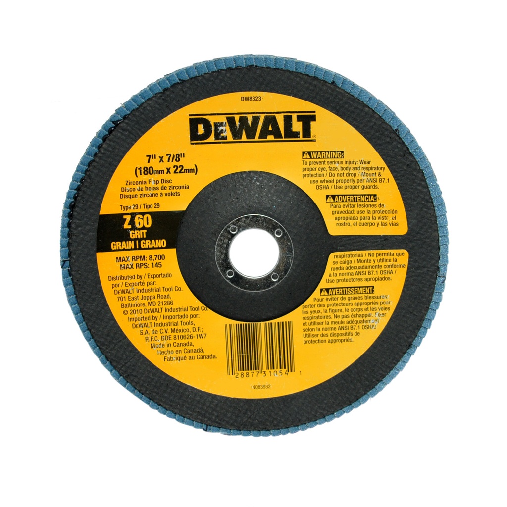 DISCO FLAP 7" X 1/4" X 7/8" GRANO 60 REF. DW8323 MARCA DEWALT