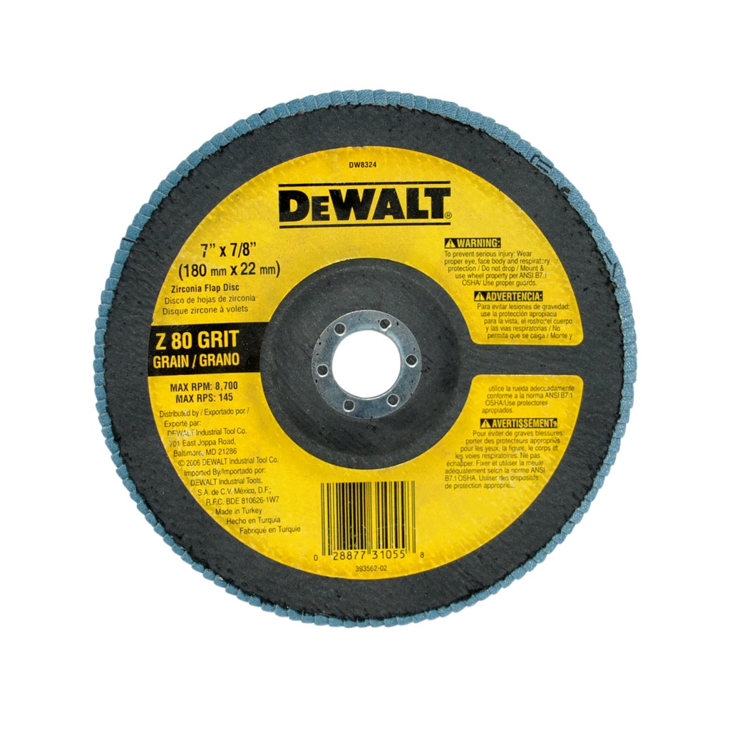 DISCO FLAP 7" X 1/4" X 7/8" GRANO 80 REF. DW8324 MARCA DEWALT