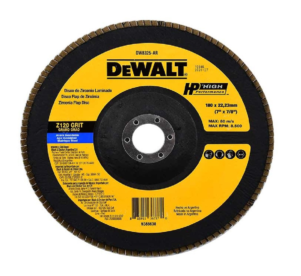 DISCO FLAP 7" X 1/4" X 7/8" GRANO 120 REF. DW8325 MARCA DEWALT