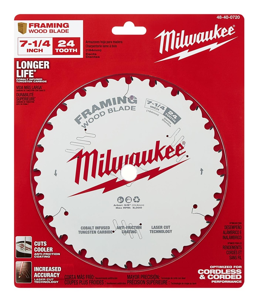 DISCO PARA SIERRA CIRCULAR 7-1/4" - 24 DIENTES REF. MET-48-40-0720 MARCA MILWAUKEE