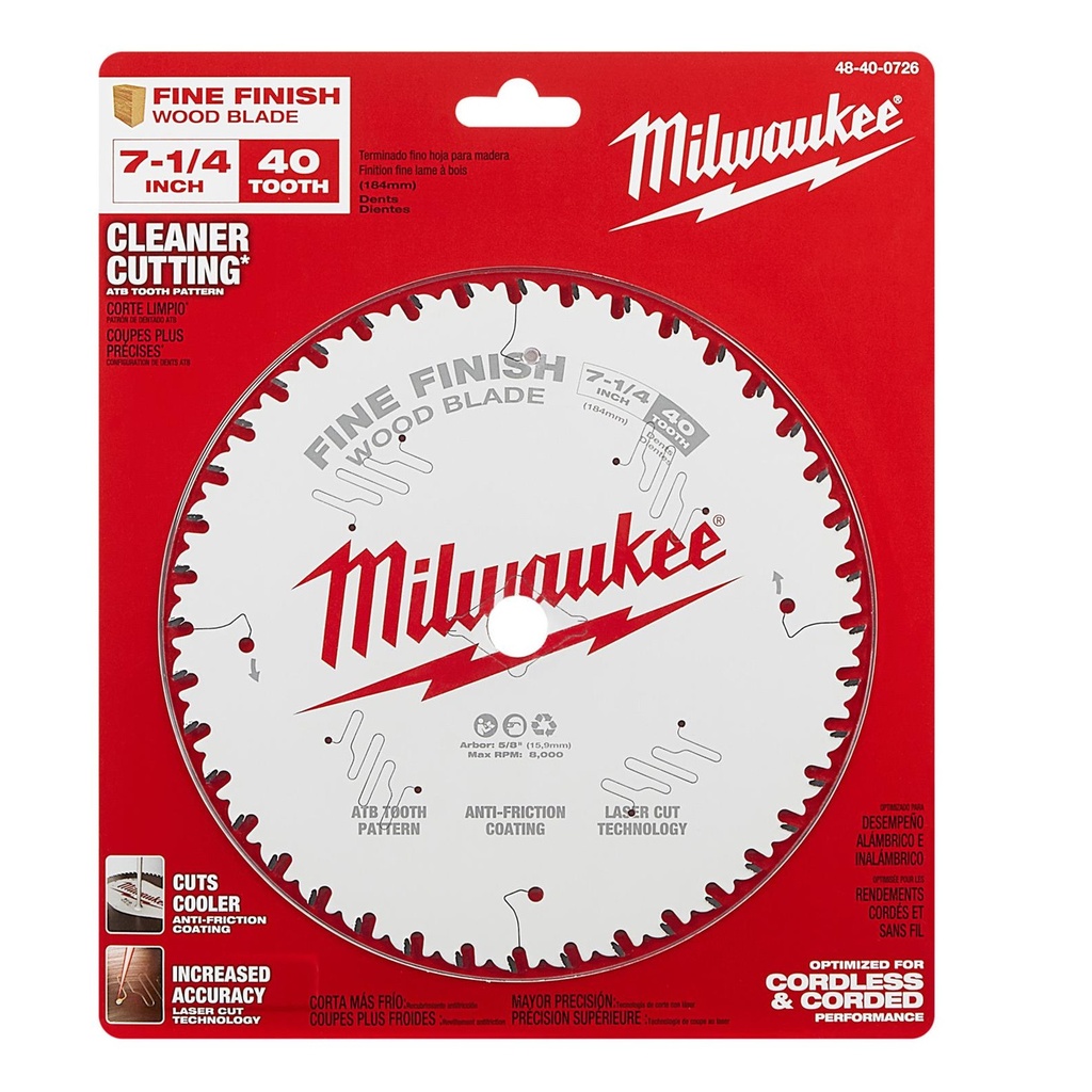 DISCO PARA SIERRA CIRCULAR 7-1/4" - 40 DIENTES REF. MET-48-40-0726 MARCA MILWAUKEE