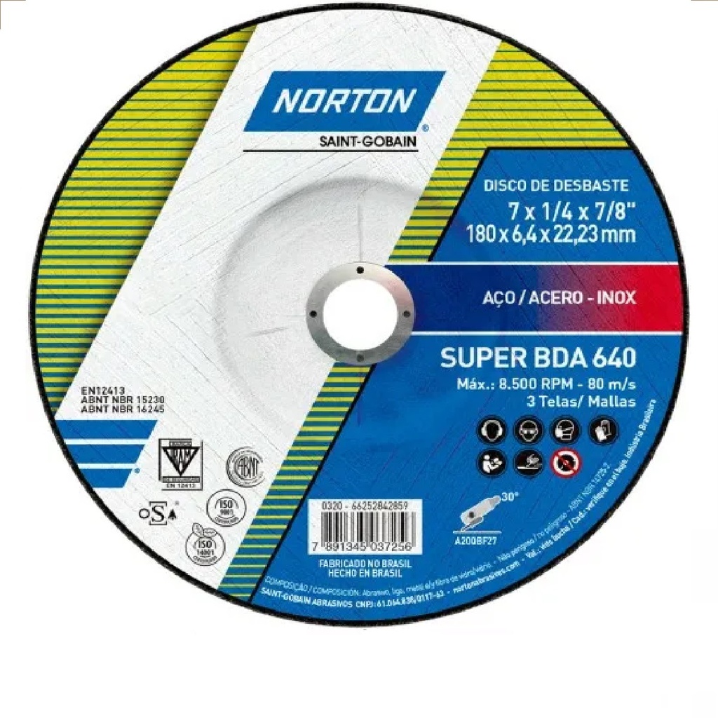 DISCO DE DESBASTE 7" X 1/4" X 7/8" BLUEFIRE REF.DC714BFF COD. 432307 MARCA NORTON