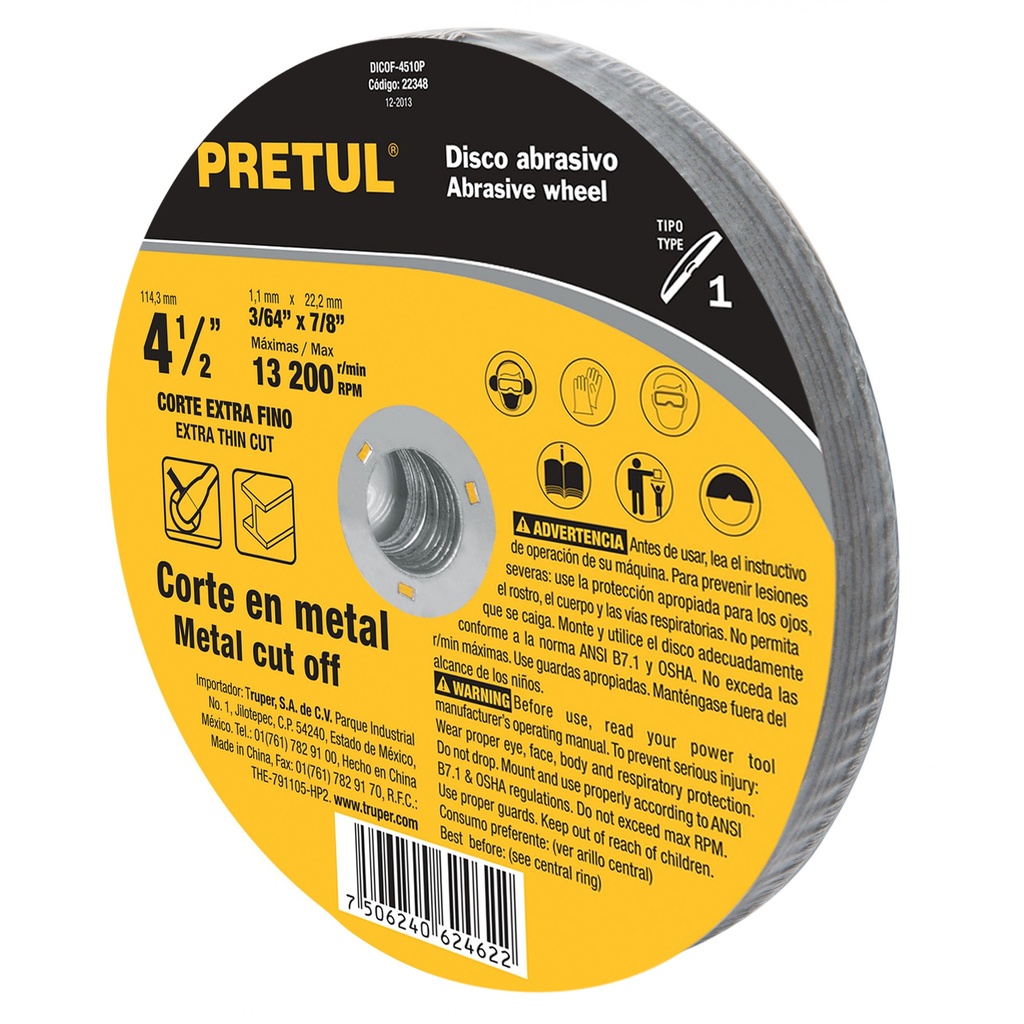 DISCO C/METAL 4 1/2" X 3/64" X 7/8" MOD. DICOF-4512P REF. 22344 MARCA PRETUL