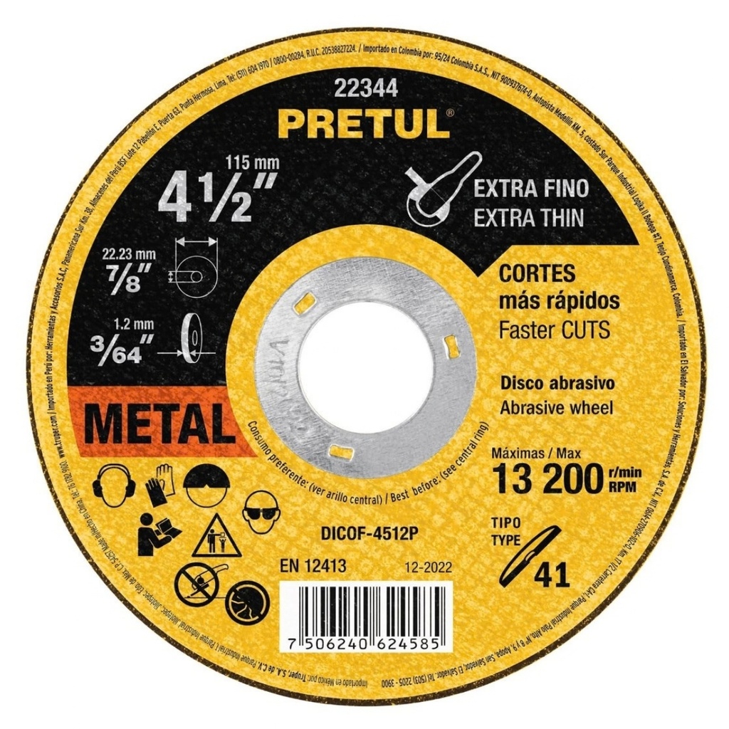 DISCO C/METAL 4 1/2" X 3/64" X 7/8" MOD. DICOF-4512P REF. 22344 MARCA PRETUL