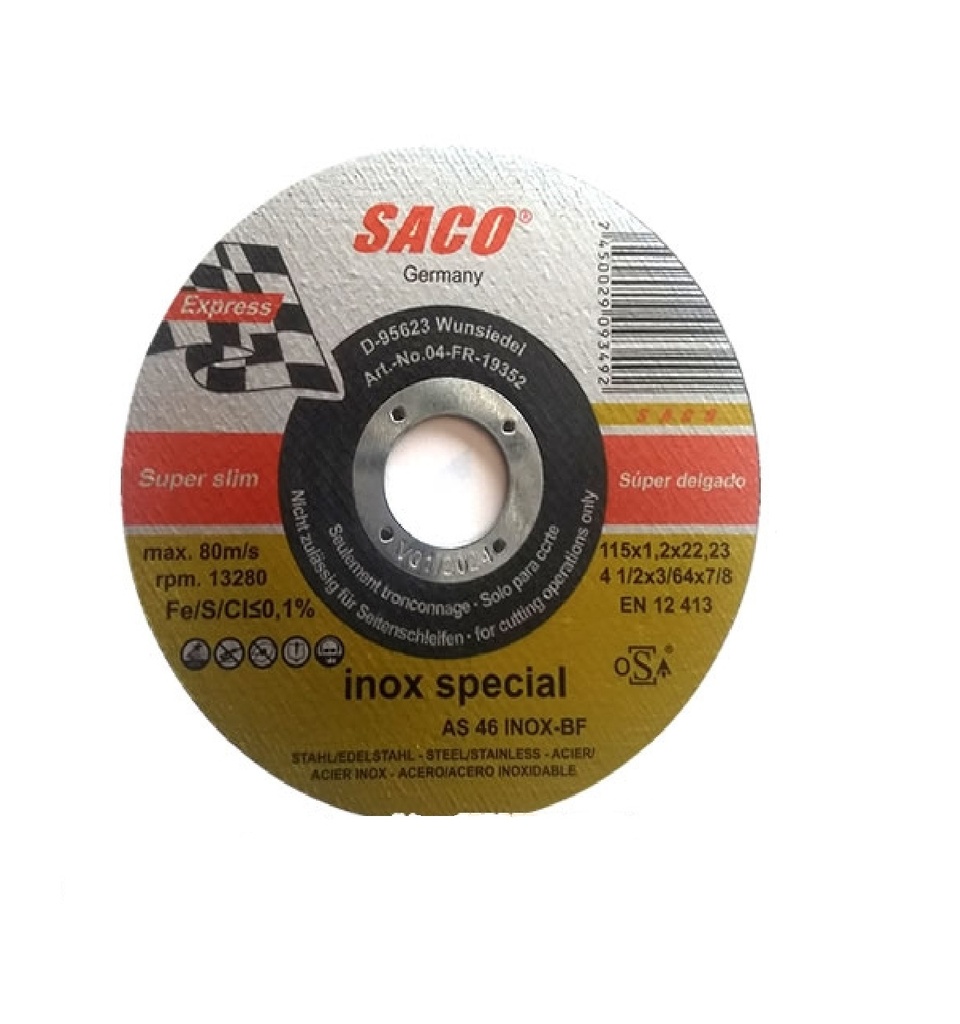 DISCO DE CORTE 4 1/2" X 1/16" X 7/8" REF. 29-FR-0924 MARCA SACO TOOLS