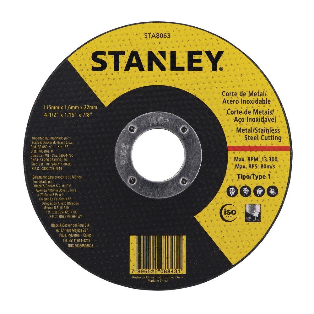 DISCO DE CORTE METAL 4 1/2" X 1/16" X 7/8" PLANO REF. STA8063 / DIS-720 MARCA STANLEY