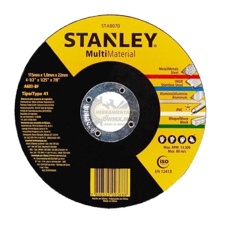 DISCO DE CORTE METAL 4 1/2" X 1/25" X 7/8 " PLANO MULTIMATERIAL REF. STA8070 / 093688 MARCA STANLEY