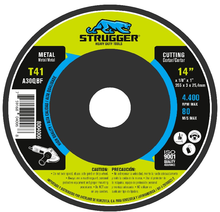 DISCO DE CORTE TRONZADORA P/ METAL DE 14" X 1/8" REF. 8004006 MARCA STRUGGER