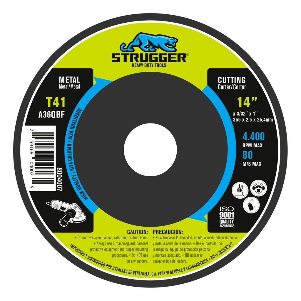 DISCO DE CORTE TRONZADORA P/ METAL DE 14" X 3/32" REF. 8004007 MARCA STRUGGER