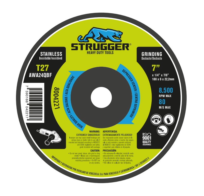 DISCO PARA DESBASTE DE 7" X 1/4" X 7/8" UNIDAD (ACERO INOXIDABLE) REF. 8004221 MARCA STRUGGER