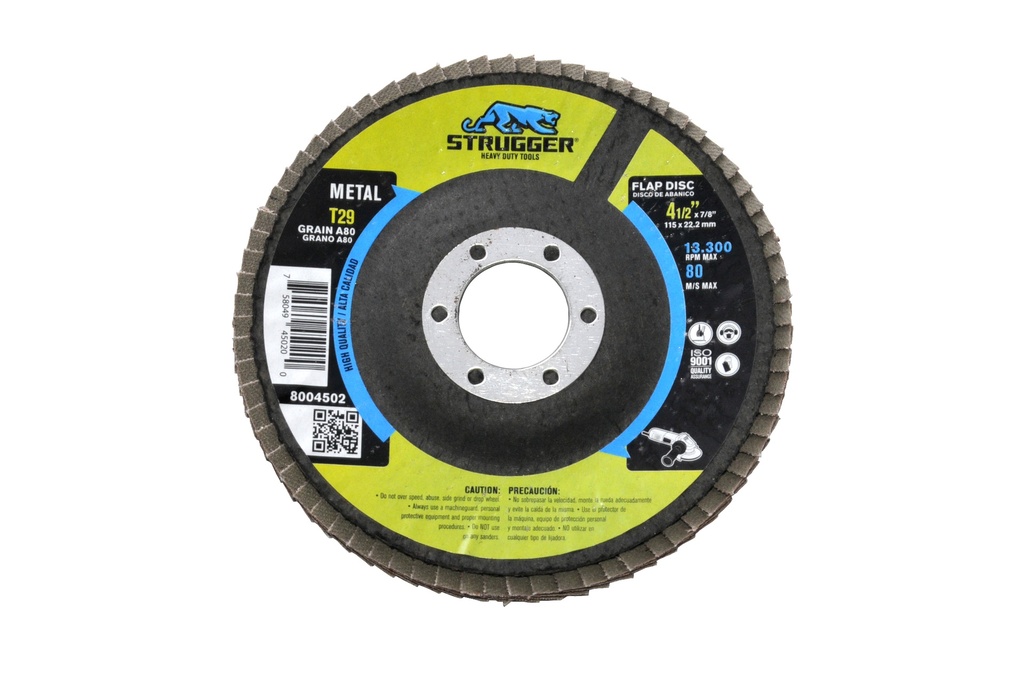 DISCO DE LIJA (FLAP DISC) DE 4 1/2" X 7/8" GRANO 80 T29 REF. 8004502 MARCA STRUGGER
