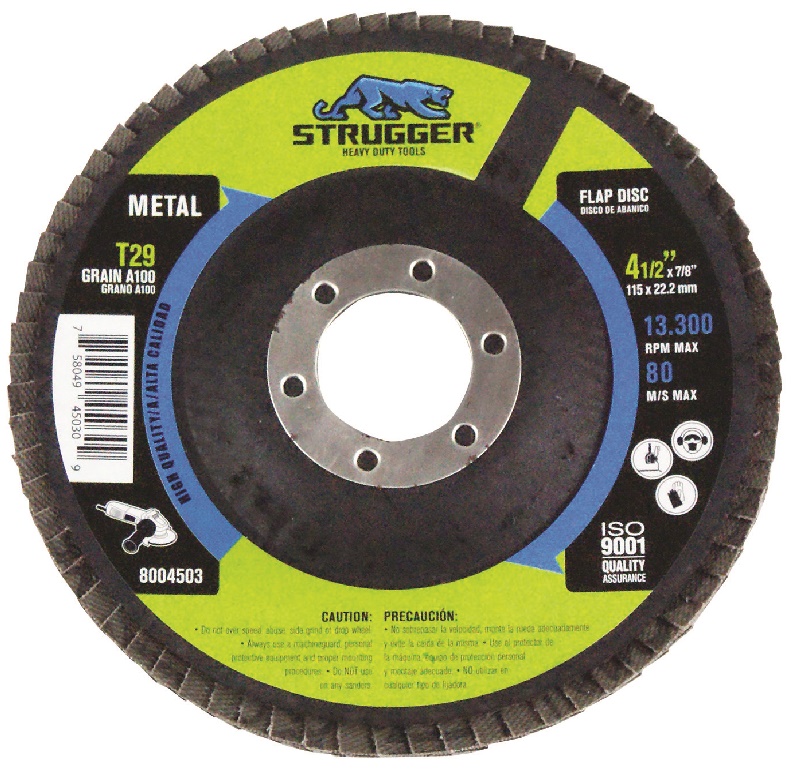 DISCO DE LIJA (FLAP DISC) DE 4 1/2" X 7/8" GRANO 100 T29 REF. 8004503 MARCA STRUGGER