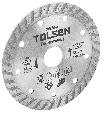 DISCO DE CORTE DIAMANTADO RANURADO 4 1/2" X 7/8" REF. 76742 MARCA TOLSEN