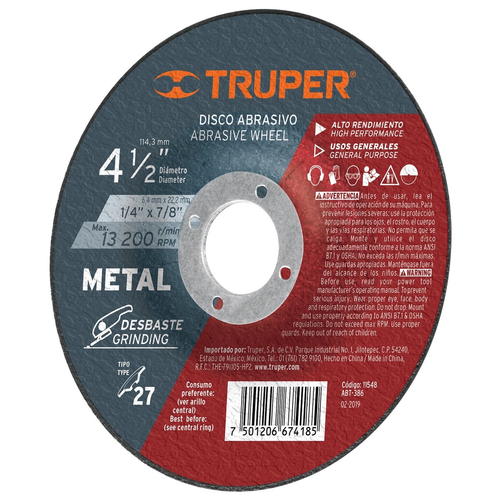 DISCO DESBASTE METAL TIPO 27 4 1/2" X 1/4" X 7/8" MOD.ABT-386 REF.11548 MARCA TRUPER