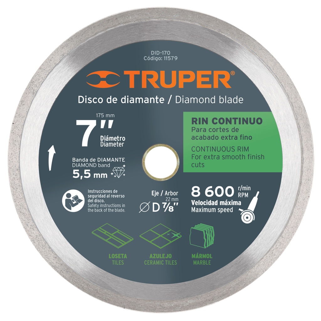 DISCO DE DIAMANTE CORTE RIN CONTINUO 7" MOD. DDT-804C REF.11579 MARCA TRUPER