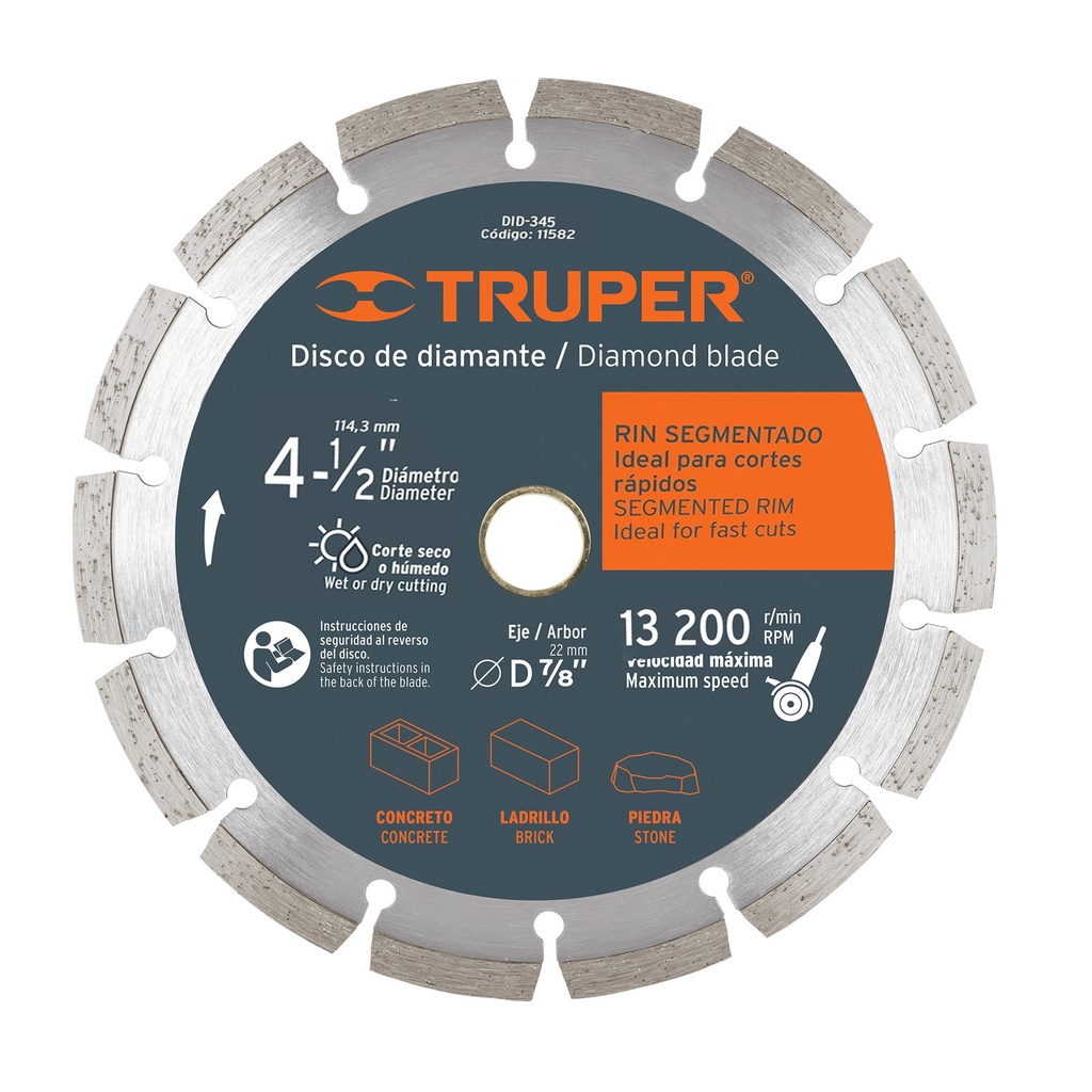 DISCO DE DIAMANTE CORTE RIN SEGMENTADO 4 1/2" MOD. DDT-829D REF.11582 MARCA TRUPER