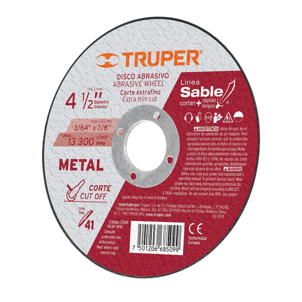 DISCO DE CORTE METAL 4 1/2" X 3/64" X 7/8" MOD.DICOF-4512 REF. 11584 MARCA TRUPER