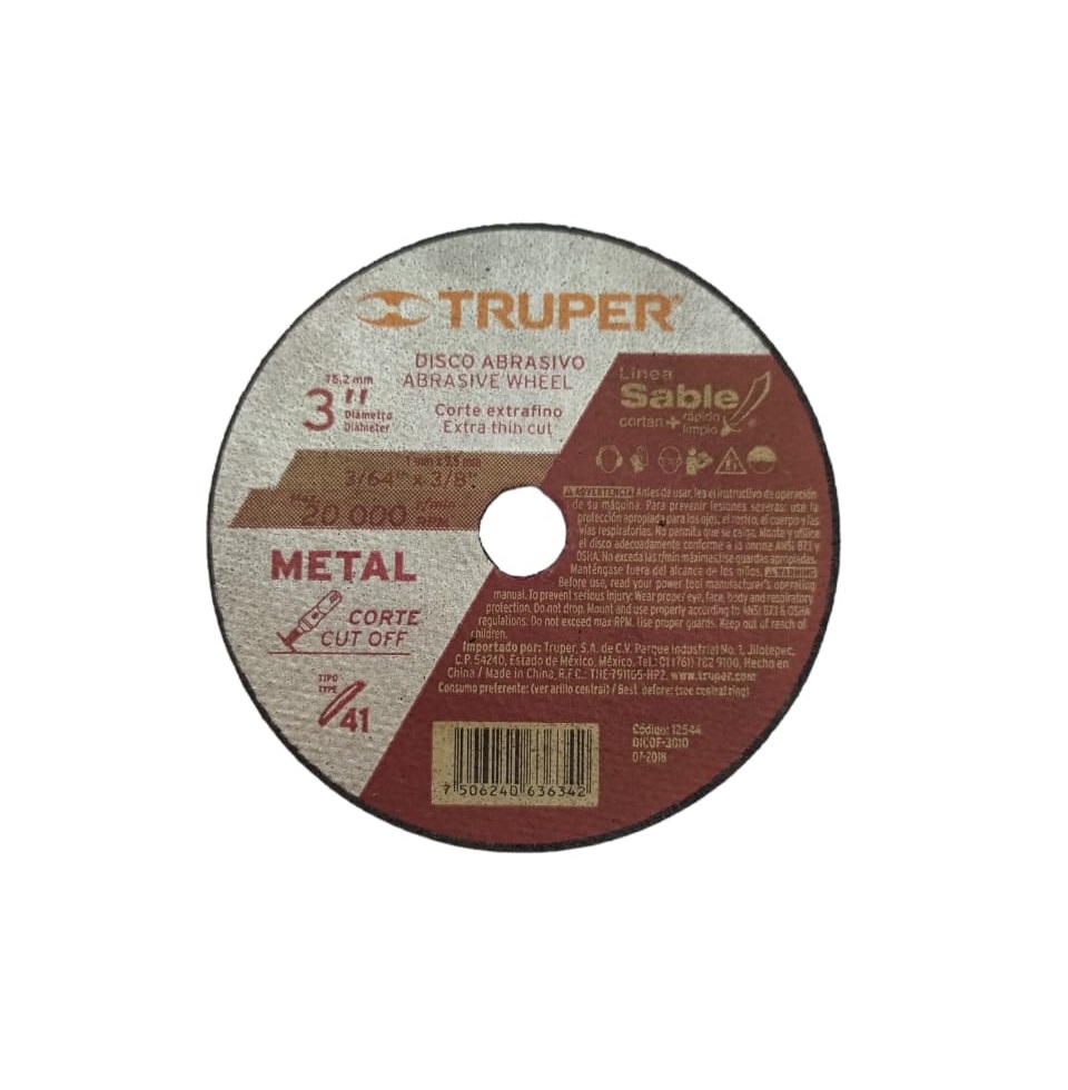 DISCO DE CORTE METAL 3" X 1" MOD. DICOF-3010 COD. 636342 PARA MOTOTOOLS REF. 12544 MARCA TRUPER