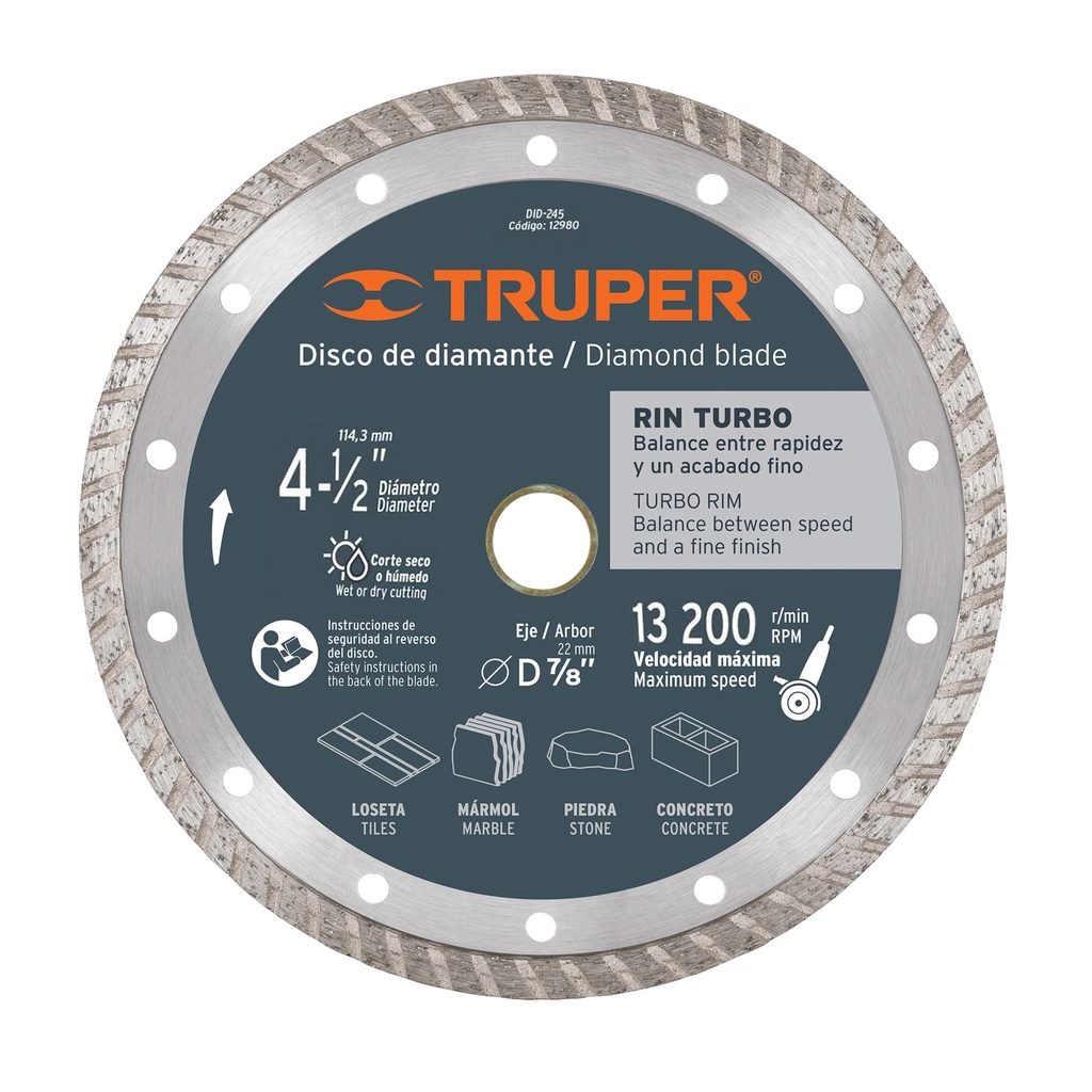 DISCO DE DIAMANTE CORTE RIN TURBO 4 1/2" MOD. DDT-1513T / DID-245 REF.12980 MARCA TRUPER