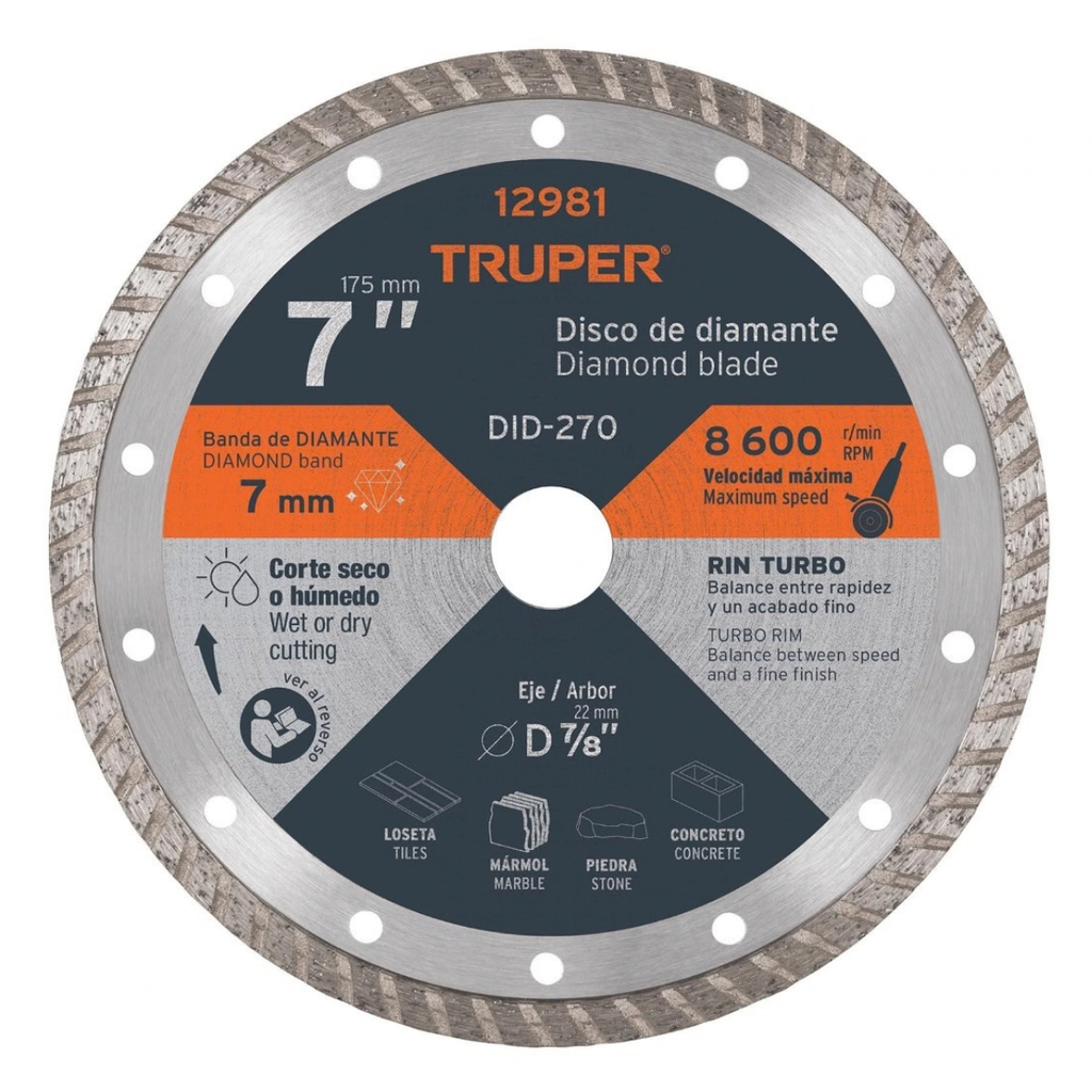 DISCO DE DIAMANTE CORTE RIN TURBO RANURADO 7" MOD.DDT-1527T REF.12981 MARCA TRUPER