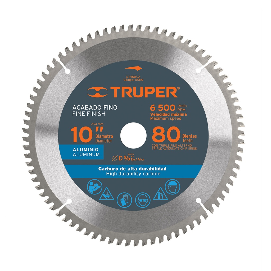 DISCO DE SIERRA CIRCULAR P/ALUMINIO 10" X 5/8" 100 DIENTES MOD.ST10100A REF. 18313 MARCA TRUPER