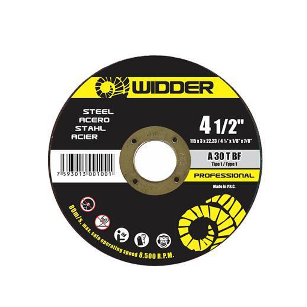 DISCO DE CORTE EXTRAFINO DE 4 1/2" X 3/64" X 7/8" A30TBF UNIDAD (CAJA 50 UND) REF.001018 WIDDER
