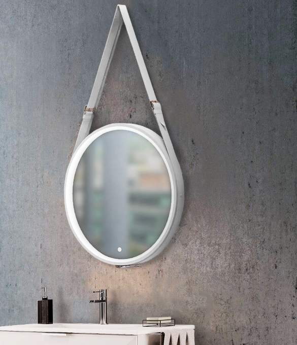 ESPEJO DE BAÑO REDONDO 60 CM MOD. GIRO C/ HEBILLA - CUERO BLANCO/ LUZ BLANCA SENSOR TOUCH MARCA KUBO