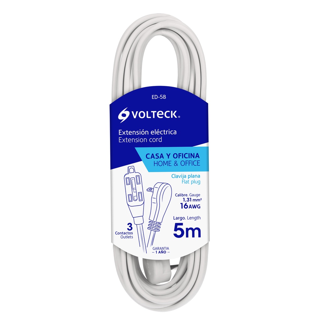 EXTENSION ELEC DOMESTICA 2 X 16 AWG 5 MTS COLOR BLANCO MOD. ED-5B REF. 48018 MARCA VOLTECK