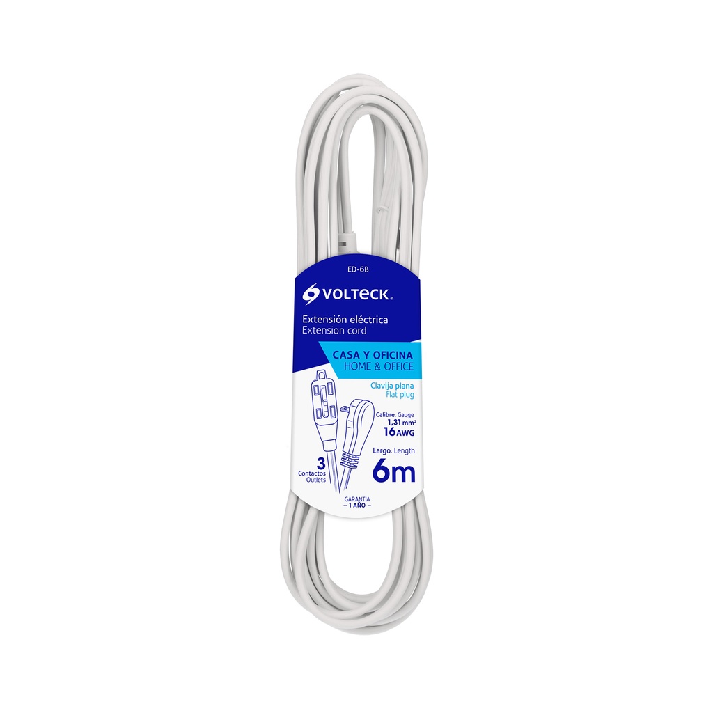 EXTENSION ELEC DOMESTICA 2 X 16 AWG 6 MTS COLOR BLANCO REF. 48024 MARCA VOLTECK