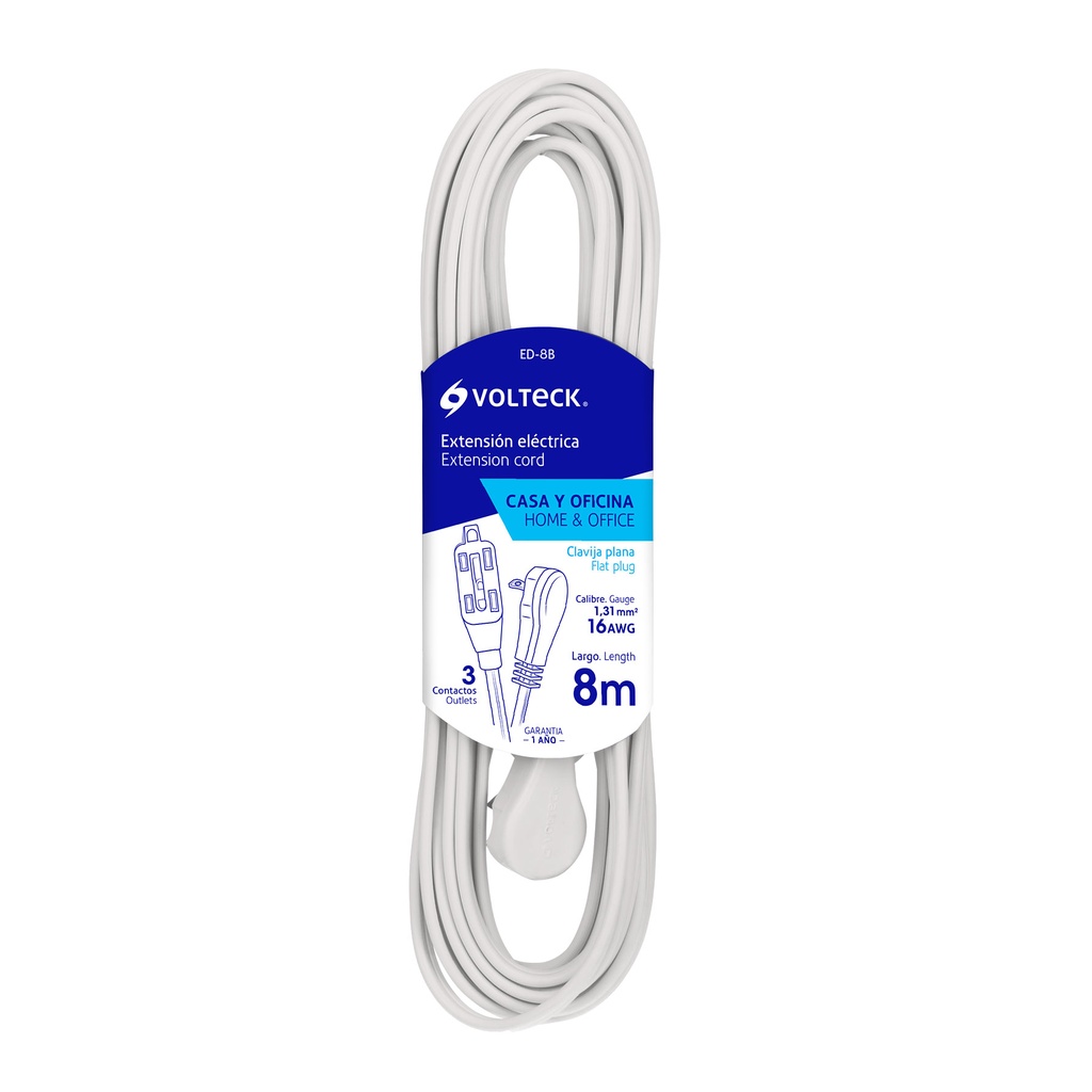 EXTENSION ELEC DOMESTICA 2 X 16 AWG 8 MTS 8 AMP COLOR BLANCO REF. 48030 MARCA VOLTECK