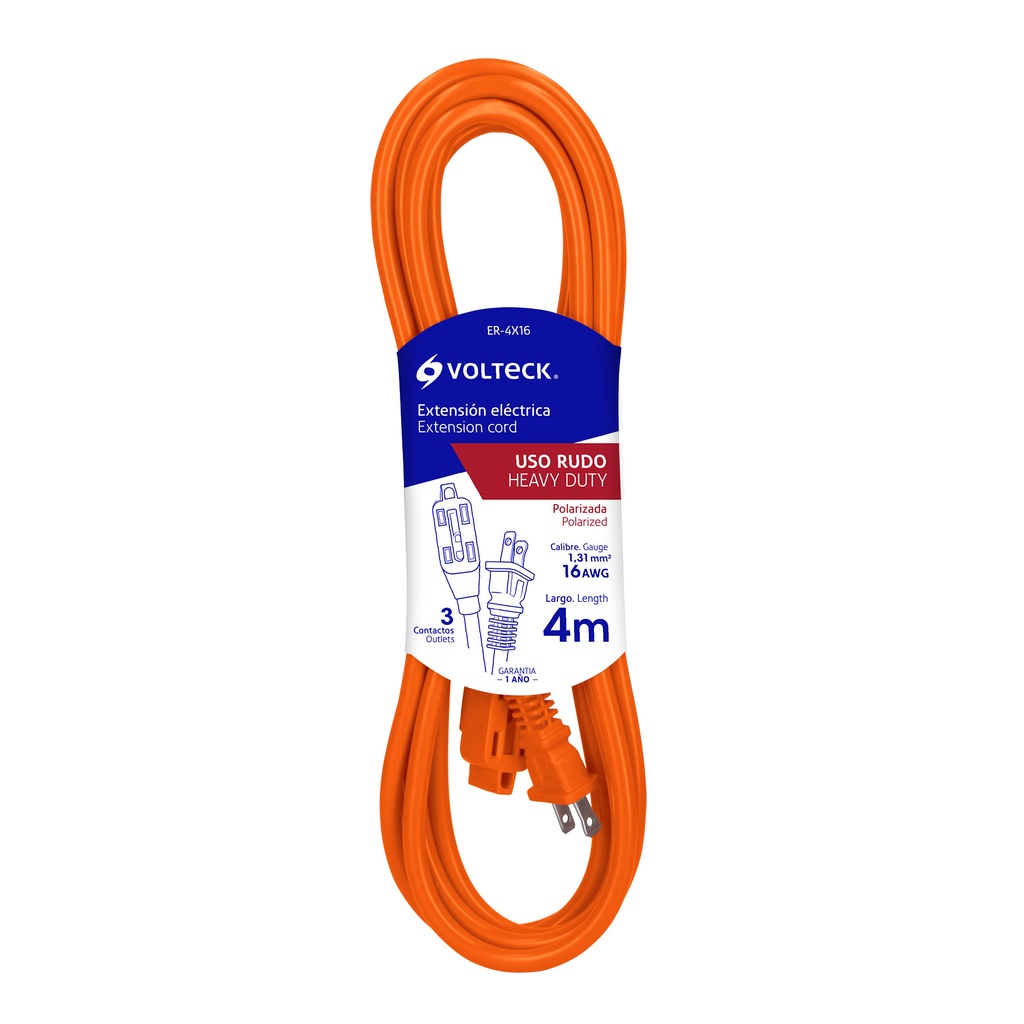 EXTENSION ELEC USO RUDO 2 X 16 AWG 4 MTS 3 CLAVIJAS NARANJA MOD. ER-4X16 REF. 48043 MARCA VOLTECK