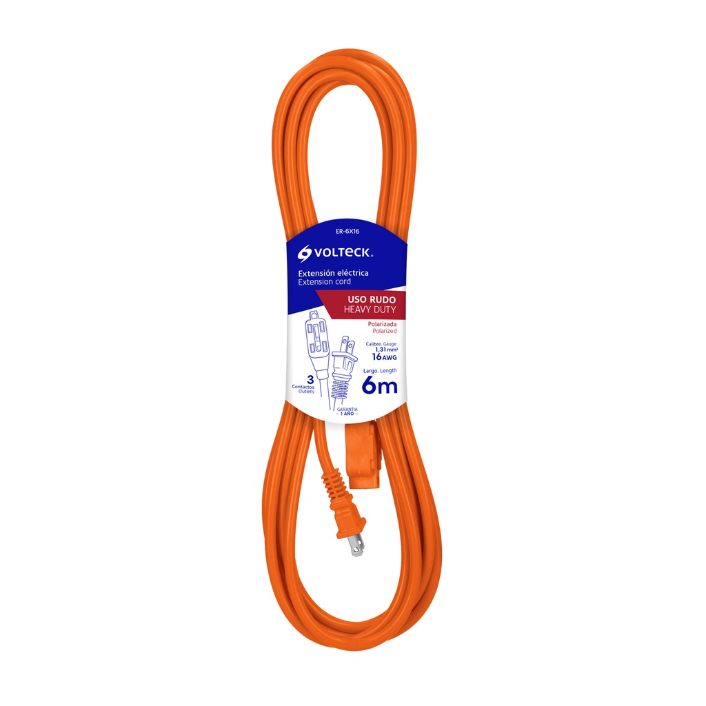 EXTENSION ELEC USO RUDO 2 X 16 AWG 6 MTS 3 CLAVIJAS NARANJA MOD. ER-6X16 REF. 48044 MARCA VOLTECK