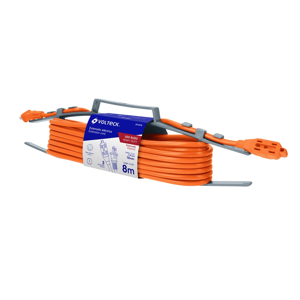 EXTENSION ELEC USO RUDO 2 X 16 AWG 8 MTS 3 CLAVIJAS NARANJA MOD. ER-8X16 REF. 48045 MARCA VOLTECK