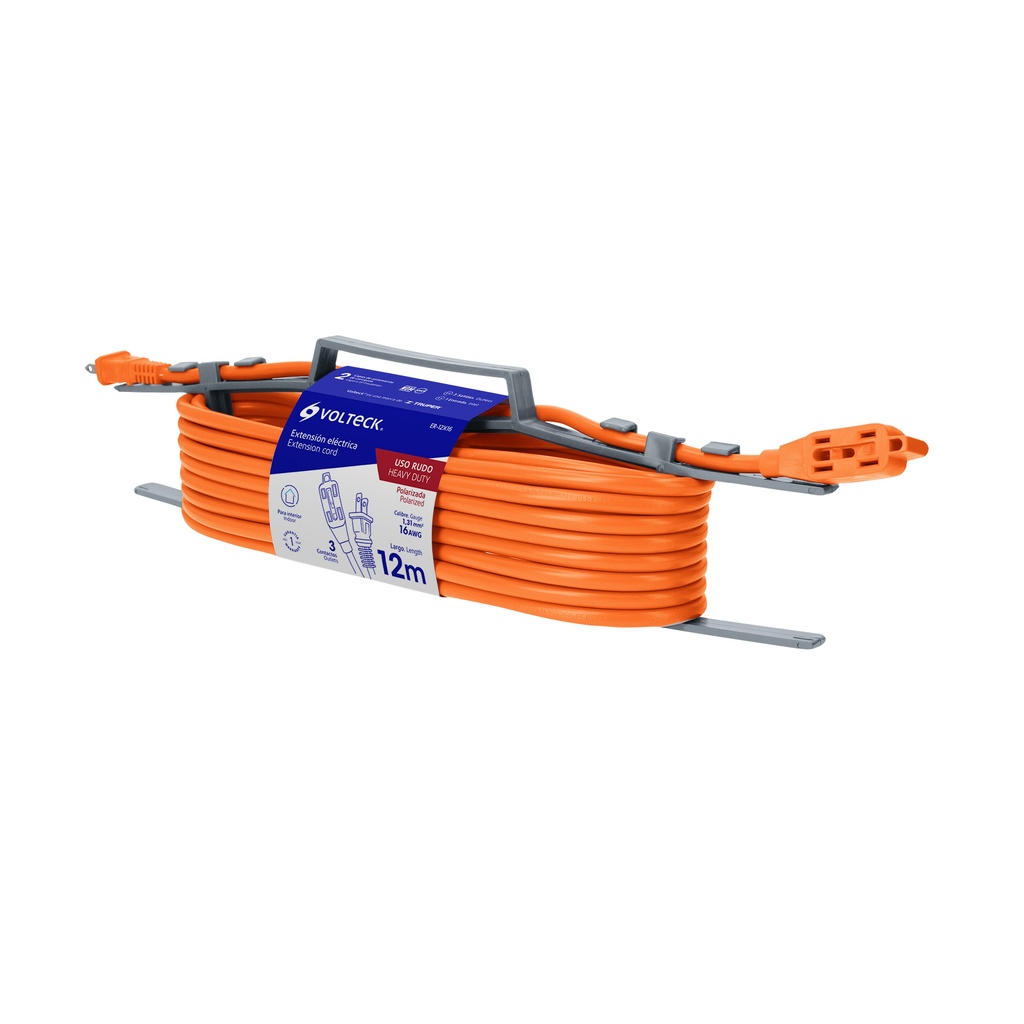 EXTENSION ELEC USO RUDO 2 X 16 AWG 12 MTS 3 CLAVIJAS NARANJA MOD. ER-12X16 REF. 48047 MARCA VOLTECK